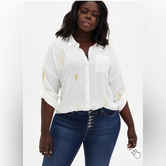 Torrid Drop Shoulder Button-Front Top - Lightning White - Picture 1 of 8